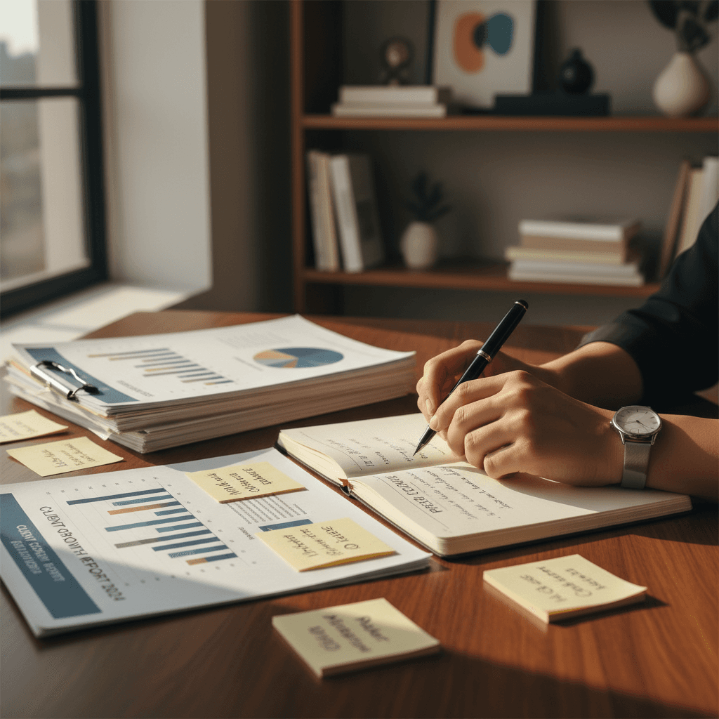 NLT Solutions consultant reviewing operational strategy documents at a minimalist desk