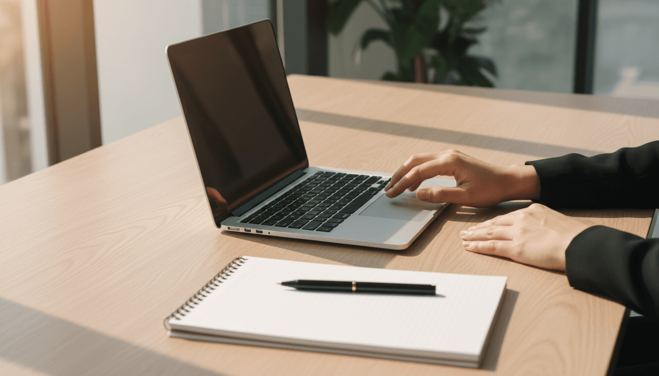 Professional business workspace with laptop and organized documents