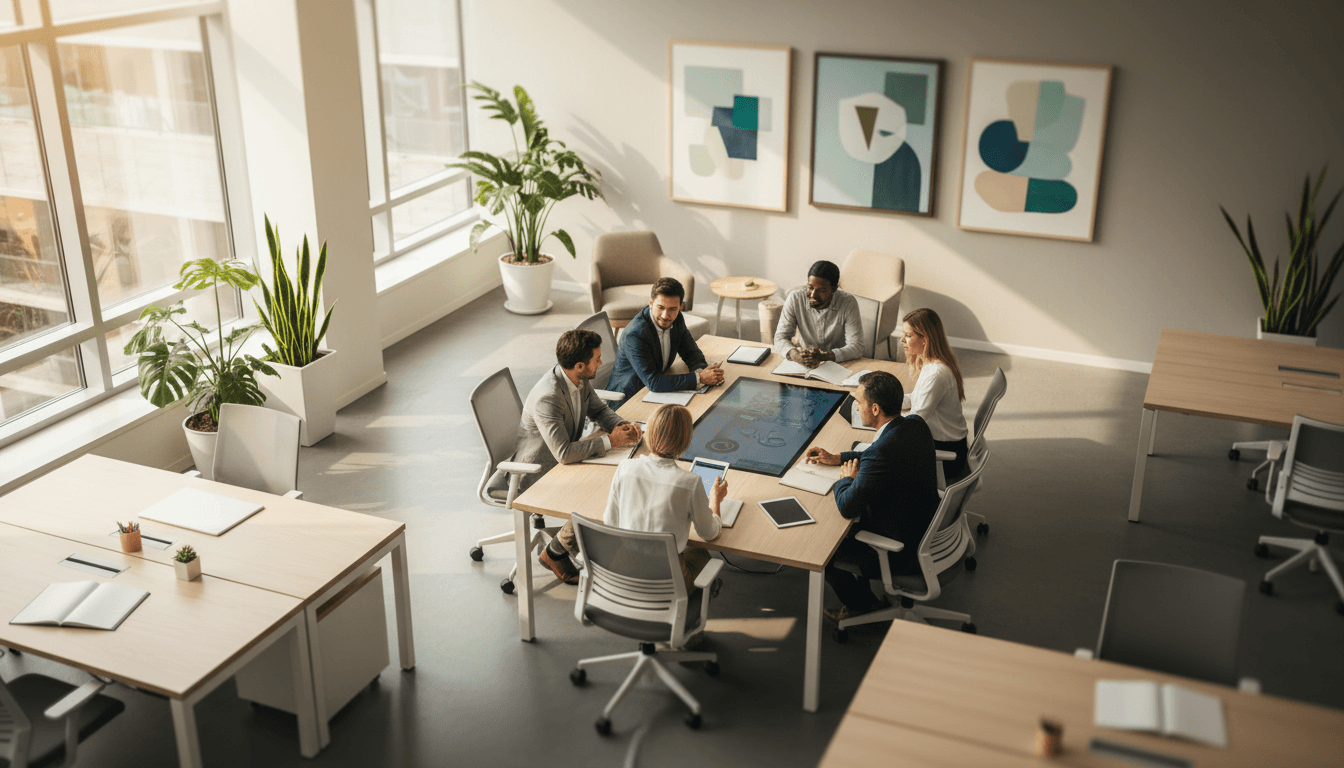Professional team collaborating on business operations and process improvement in a modern office environment