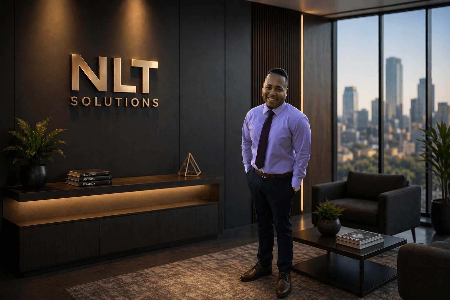 Smiling man in a purple shirt stands in a modern office with a city view.